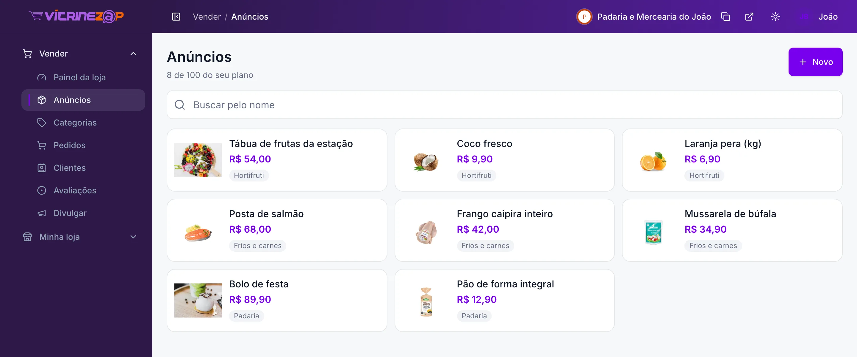 A tela de Anúncios do painel, com oito produtos cadastrados e o botão de criar um novo