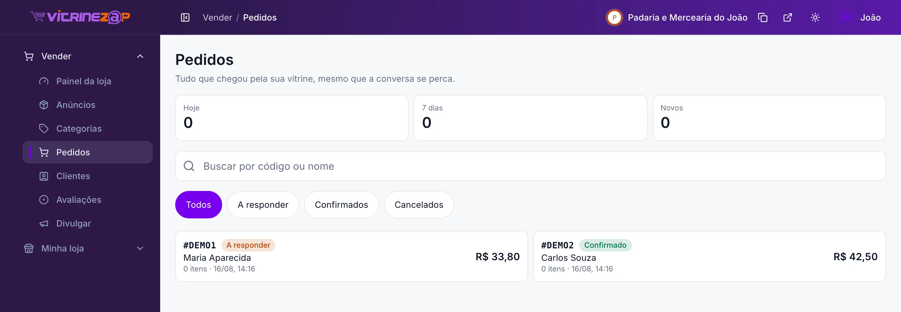 A tela de Pedidos do painel, com dois pedidos e o total de cada um
